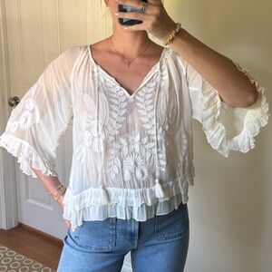 Anthropologie White Ruffled Embroidered Blouse